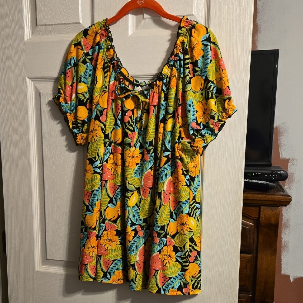 Tropical Floral Peasant Top in Yellow, Teal & Coral